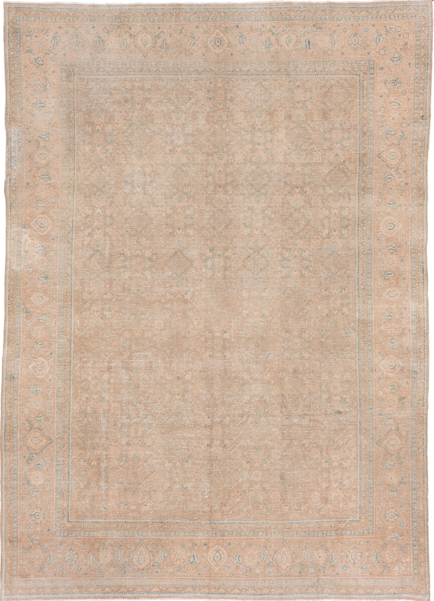 8' x 12' one-of-a-kind handmade vintage Mahal large size rug. Color palette: brown, off-white, light gray, pink, gray