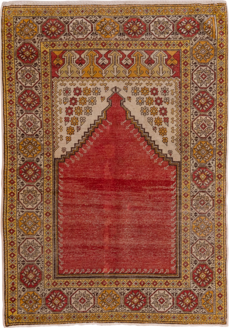 4' x 5' one-of-a-kind handmade vintage Oushak small size rug. Color palette: brown, gray, light gray, off-white, pink, red