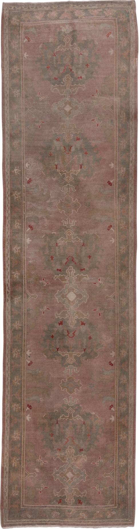 4' x 16' one-of-a-kind handmade vintage Oushak runner rug. Color palette: brown, gray, off-white, pink, red, snow, white