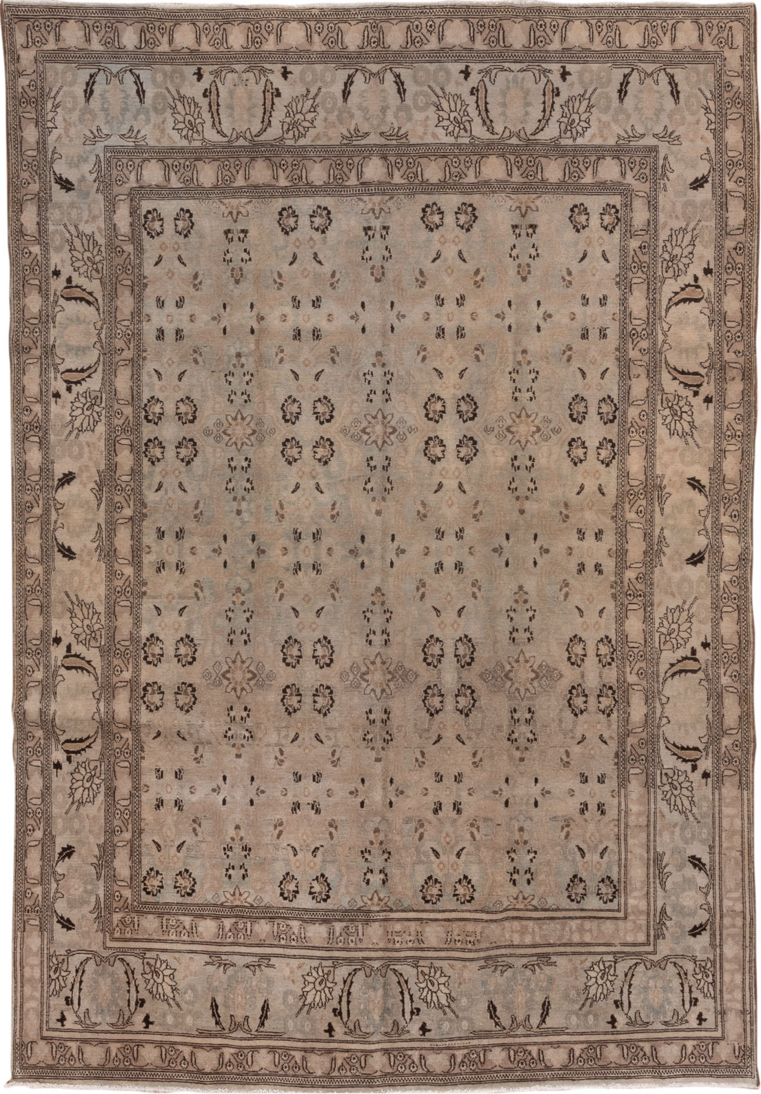 6' x 9' one-of-a-kind handmade vintage Khorassan medium size rug. Color palette: brown, gray, pink