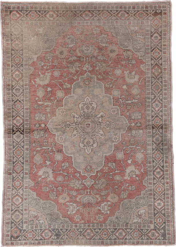 4' x 6' one-of-a-kind handmade vintage Oushak small size rug. Color palette: pink, gray, brown, light gray, off-white