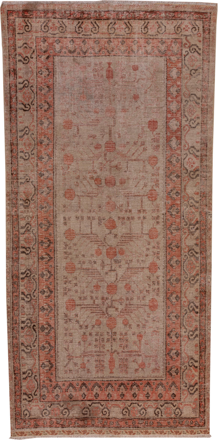 5' x 11' one-of-a-kind handmade vintage Khotan rug. Color palette: brown, gray, light gray, pink, red