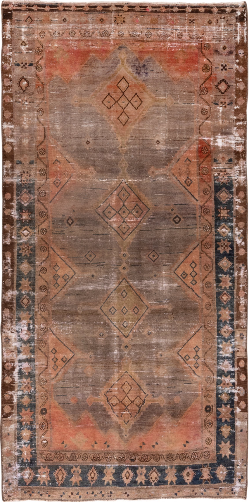 4' x 9' one-of-a-kind handmade vintage Distressed runner rug. Color palette: black, brown, charcoal, gray, light gray