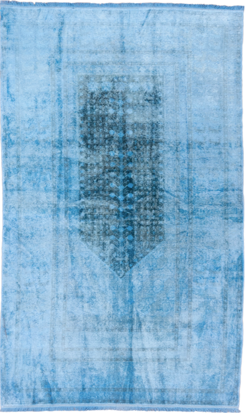 3' x 6' one-of-a-kind handmade vintage Overdyed small size rug. Color palette: blue, gray, light blue