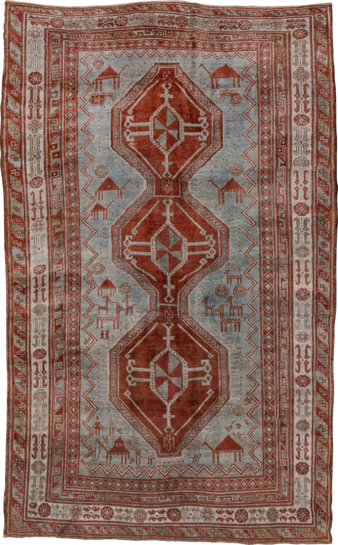 4' x 7' one-of-a-kind handmade vintage Caucasian rug. Color palette: gray, pink, brown, light gray
