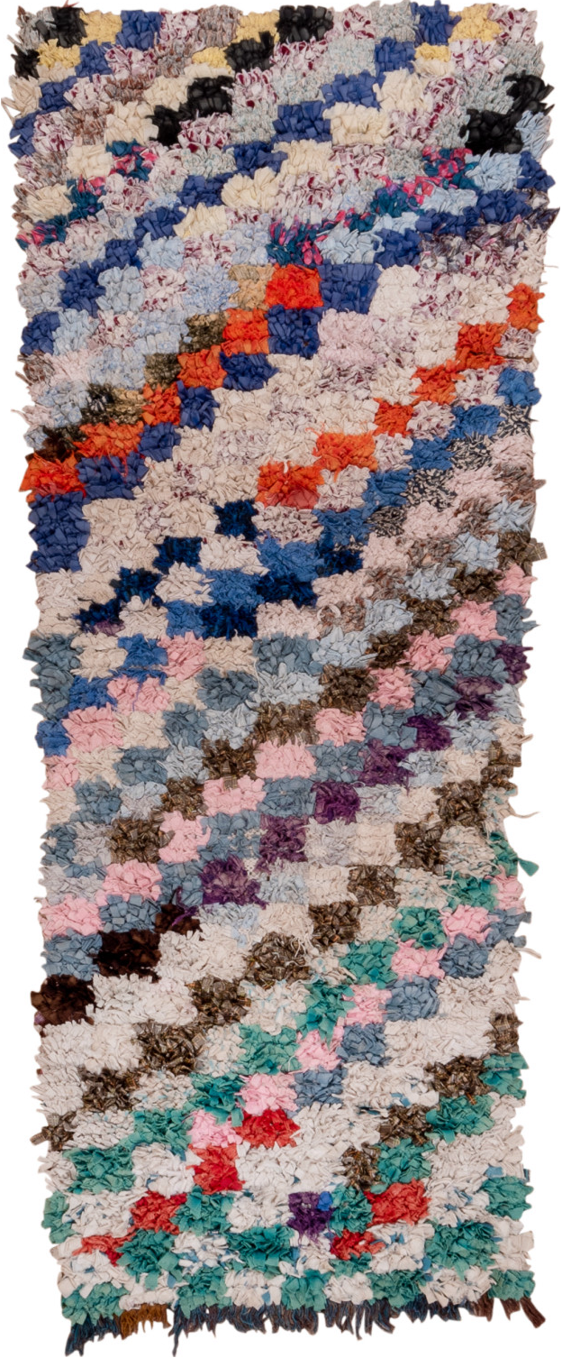 2' x 6' one-of-a-kind handmade vintage Rag Rug runner rug. Color palette: blue, brown, fiord, gray, green, light gray