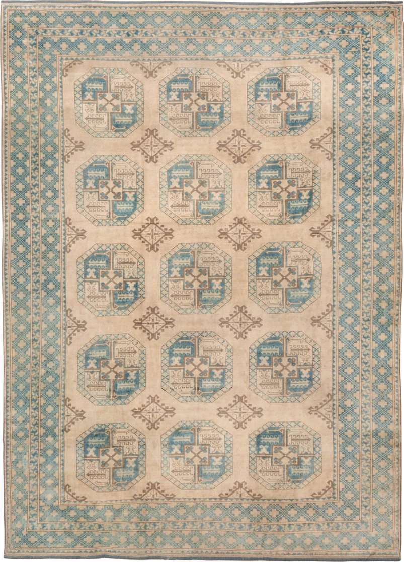 7' x 10' one-of-a-kind handmade vintage Afghan large size rug. Color palette: pink, gray, orange, off-white, brown