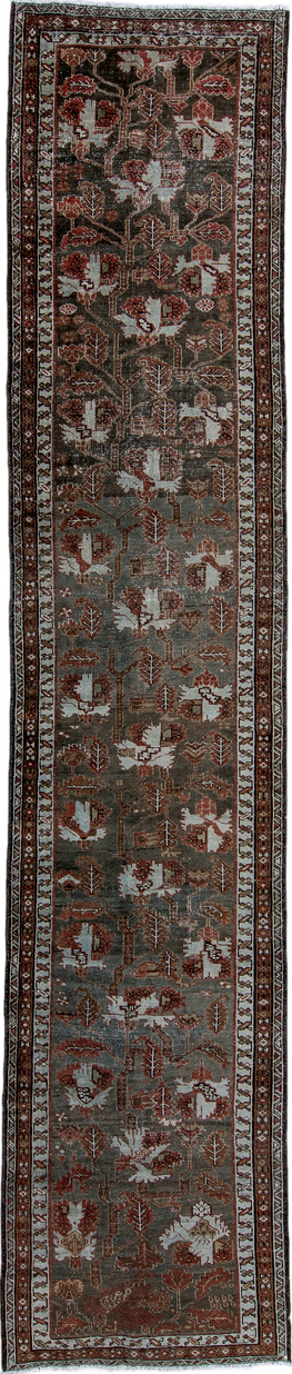 13' x 2' one-of-a-kind handmade vintage Heriz rug. Color palette: black, brown, gray, light gray, off-white, redwood, silver