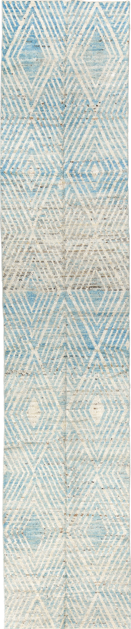 3' x 16' one-of-a-kind handmade vintage Tulu runner rug. Color palette: blue, dark gray, gray, light blue, light gray