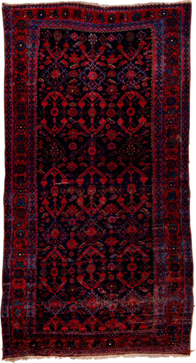 4' x 7' one-of-a-kind handmade vintage Bidjar rug. Color palette: black, brown, pink, red