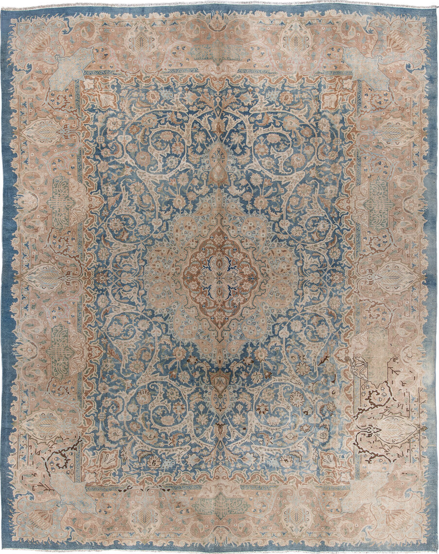 12' x 9' one-of-a-kind handmade vintage Kerman rug. Color palette: black, blue, brown, charcoal, dark gray, gray, light gray
