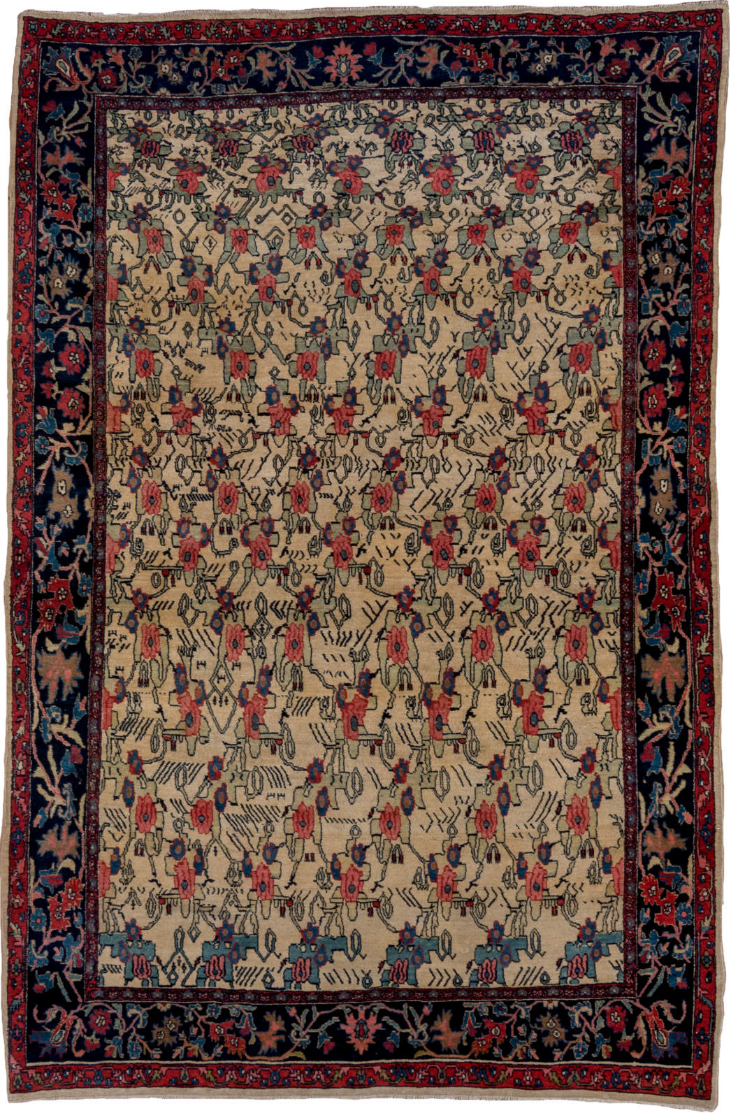 4' x 7' one-of-a-kind handmade vintage Bidjar rug. Color palette: arapawa, black, blue, brown, gray, off-white, pink, red