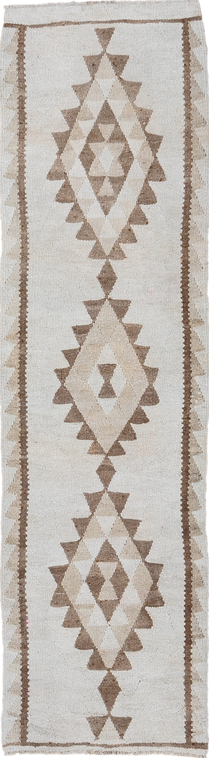 2' x 9' one-of-a-kind handmade vintage Kilim runner rug. Color palette: light gray, off-white, gray, brown, pink, gainsboro
