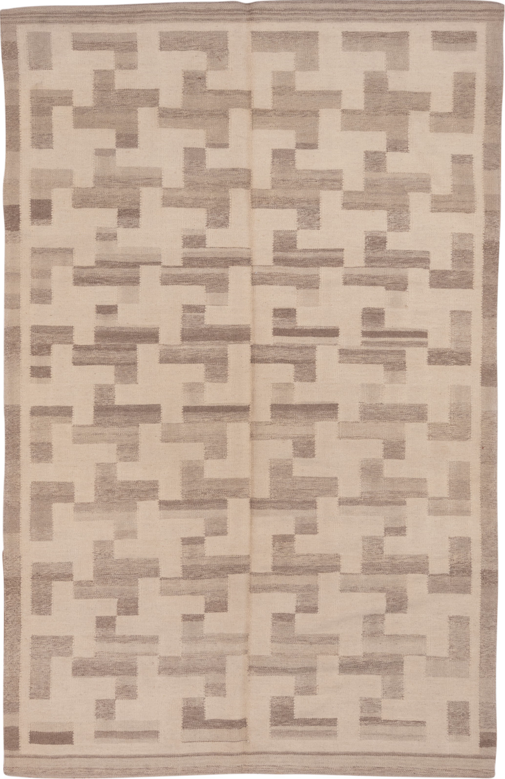 6' x 10' one-of-a-kind handmade vintage Kilim large size rug. Color palette: brown, gray, light gray, off-white, orange