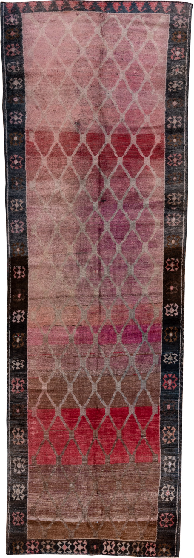 4' x 12' one-of-a-kind handmade vintage Kars runner rug. Color palette: black, blue, brown, gray, pink, red, redwood
