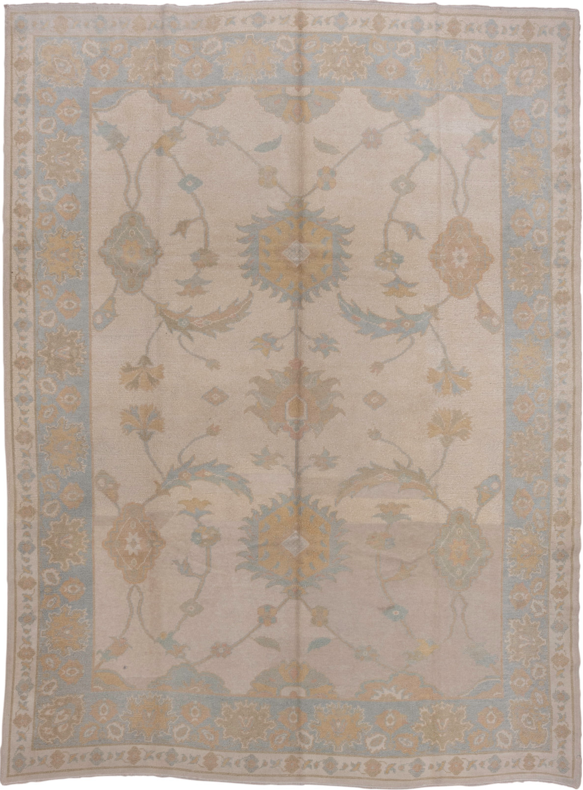 9' x 12' one-of-a-kind handmade vintage Oushak large size rug. Color palette: brown, dark gray, gray, light gray, off-white