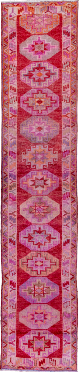 2' x 13' one-of-a-kind handmade vintage Oushak runner rug. Color palette: red, brown, pink, off-white, white, snow