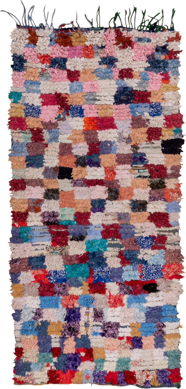 3' x 7' one-of-a-kind handmade vintage Rag Rug runner rug. Color palette: black, blue, brown, gray, green, light blue