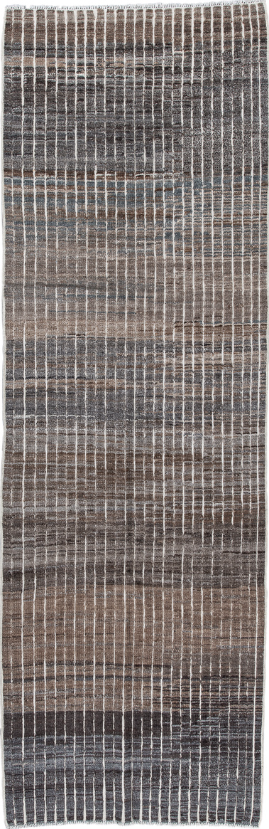 3' x 9' one-of-a-kind handmade vintage Tulu runner rug. Color palette: black, blue, brown, charcoal, dark gray, dim gray