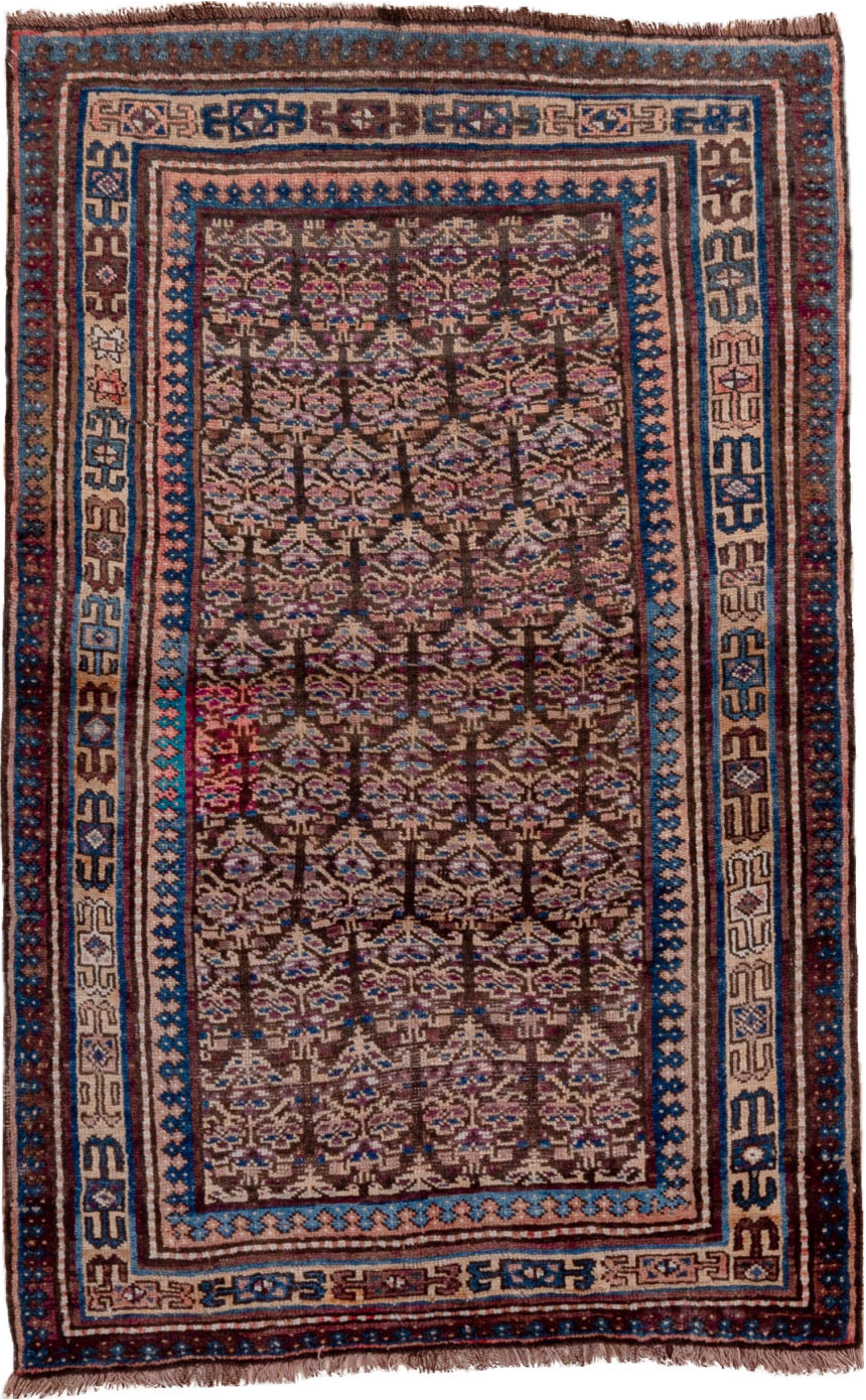 3' x 6' one-of-a-kind handmade vintage Kurd small size rug. Color palette: blue, brown, fiord, gray, pink, redwood