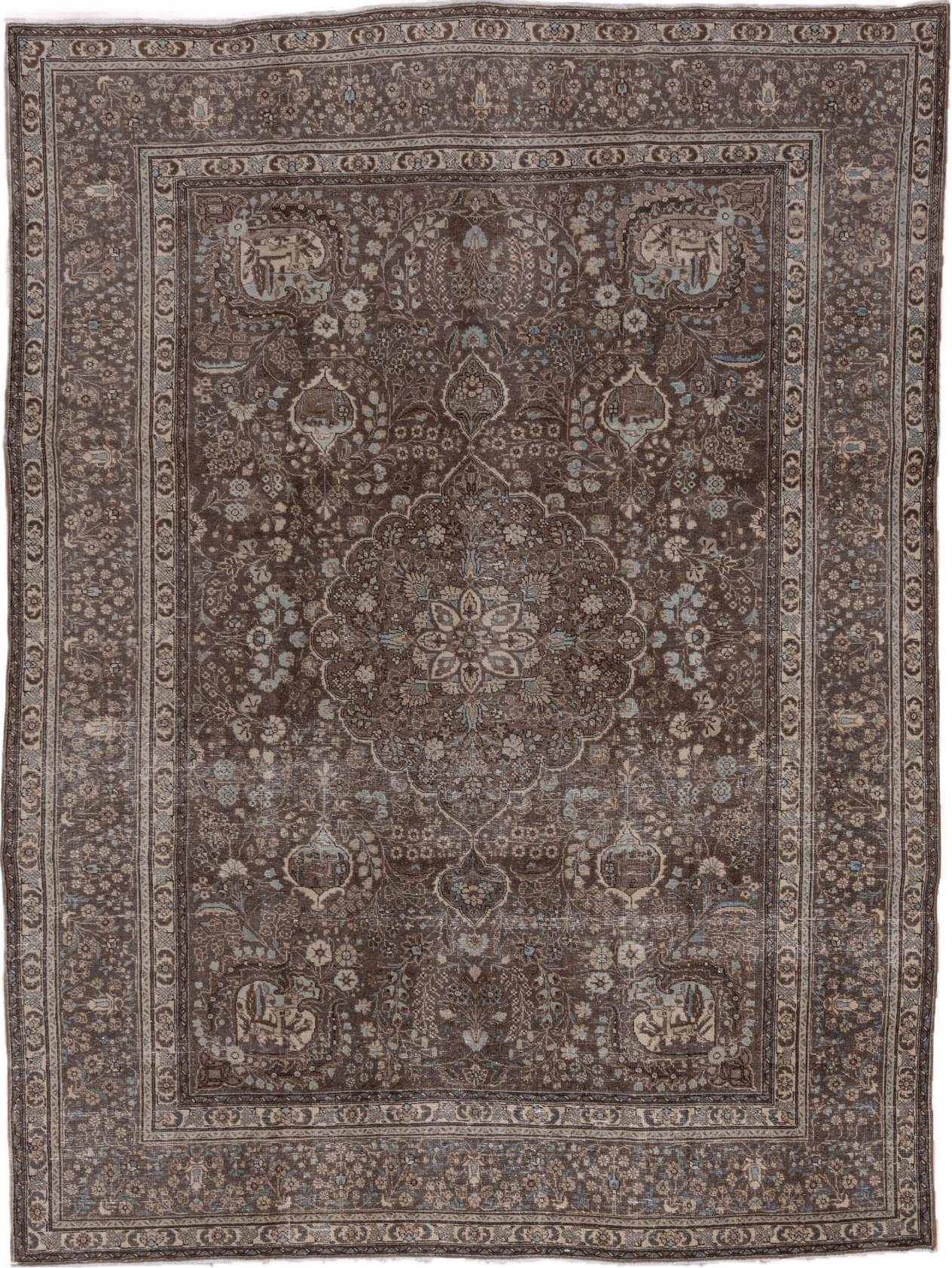 8' x 10' one-of-a-kind handmade vintage Sivas large size rug. Color palette: black, brown, dim gray, gray, light gray