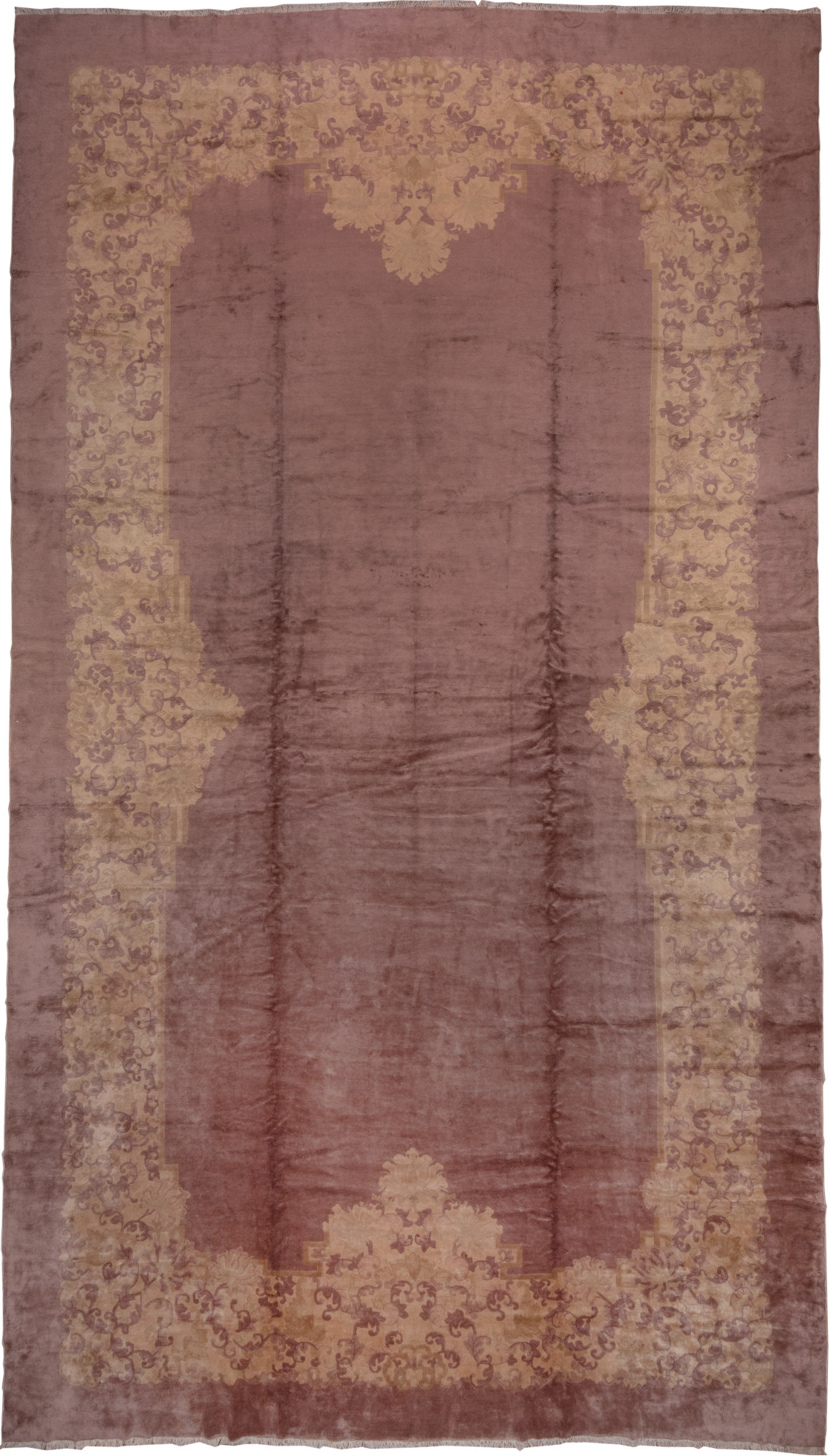 12' x 20' one-of-a-kind handmade vintage Chinese oversize rug. Color palette: brown, gray, light gray, off-white, pink, red