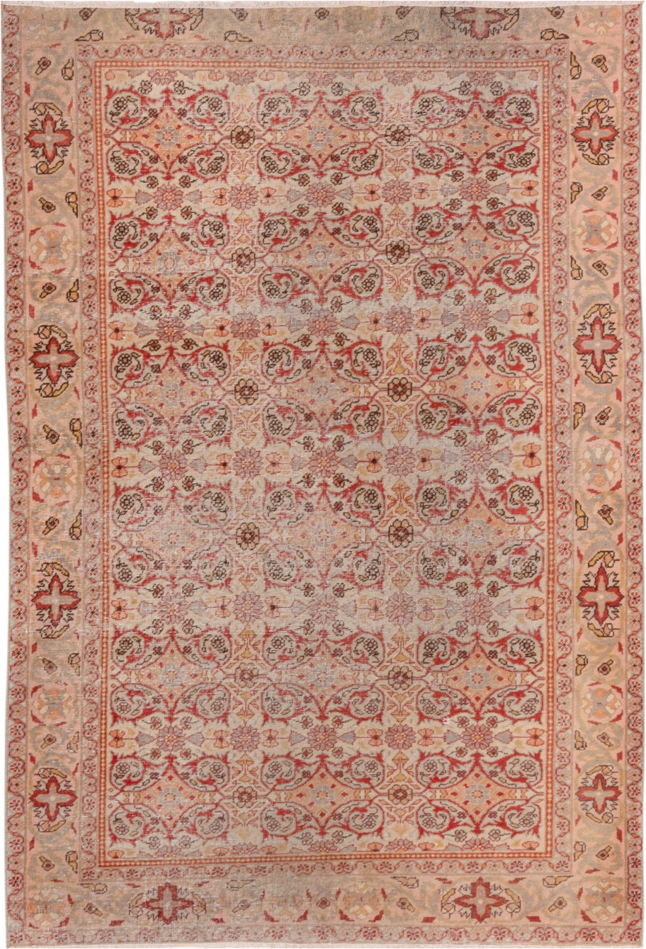 4' x 5' one-of-a-kind handmade vintage Oushak small size rug. Color palette: brown, gray, light gray, off-white, pink, red