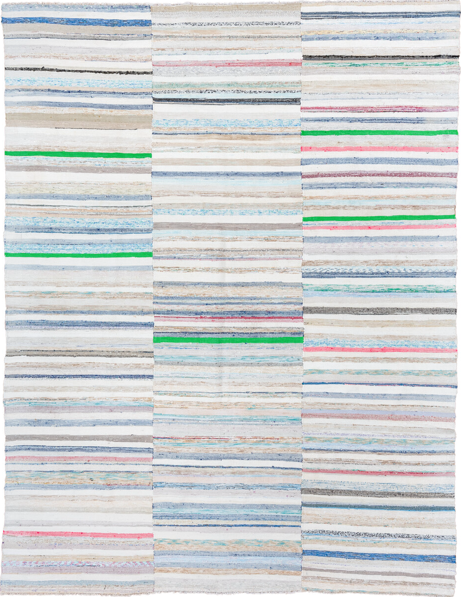 7' x 10' one-of-a-kind handmade vintage Rag Rug large size rug. Color palette: gray, off-white, light blue, light gray, pink