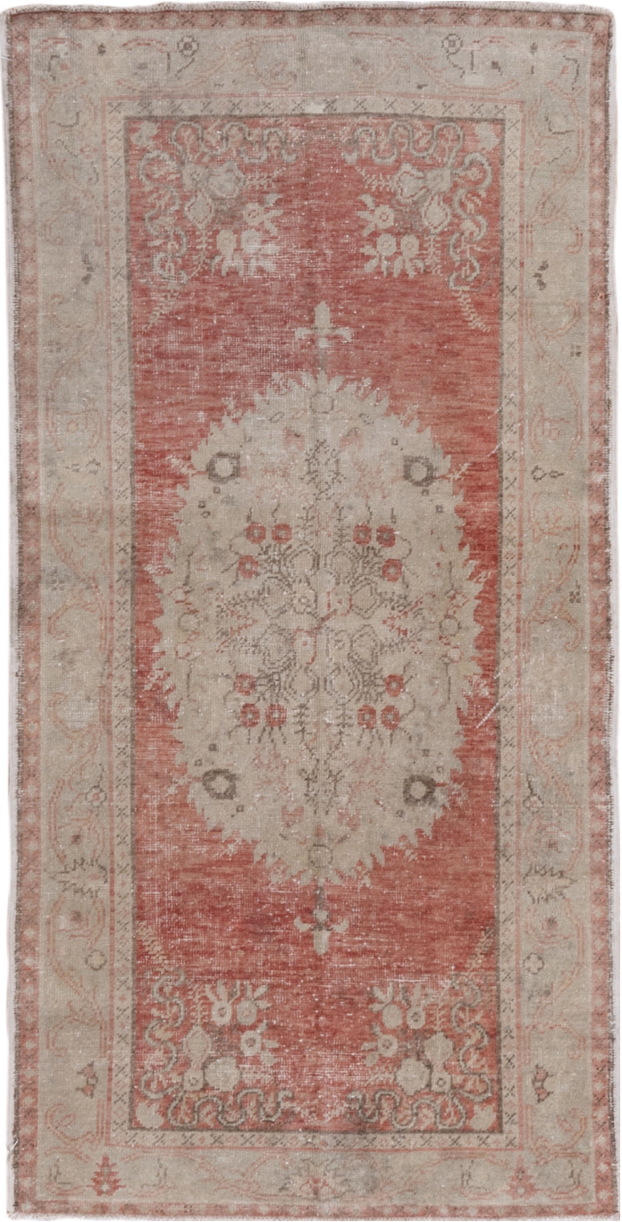 3' x 6' one-of-a-kind handmade vintage Oushak small size rug. Color palette: gainsboro, gray, light gray, off-white, pink