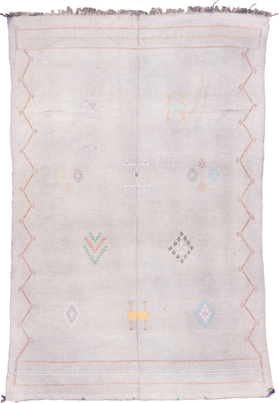 5' x 9' one-of-a-kind handmade vintage Cactus Kilim medium size rug. Color palette: pink, gray, light gray, off-white
