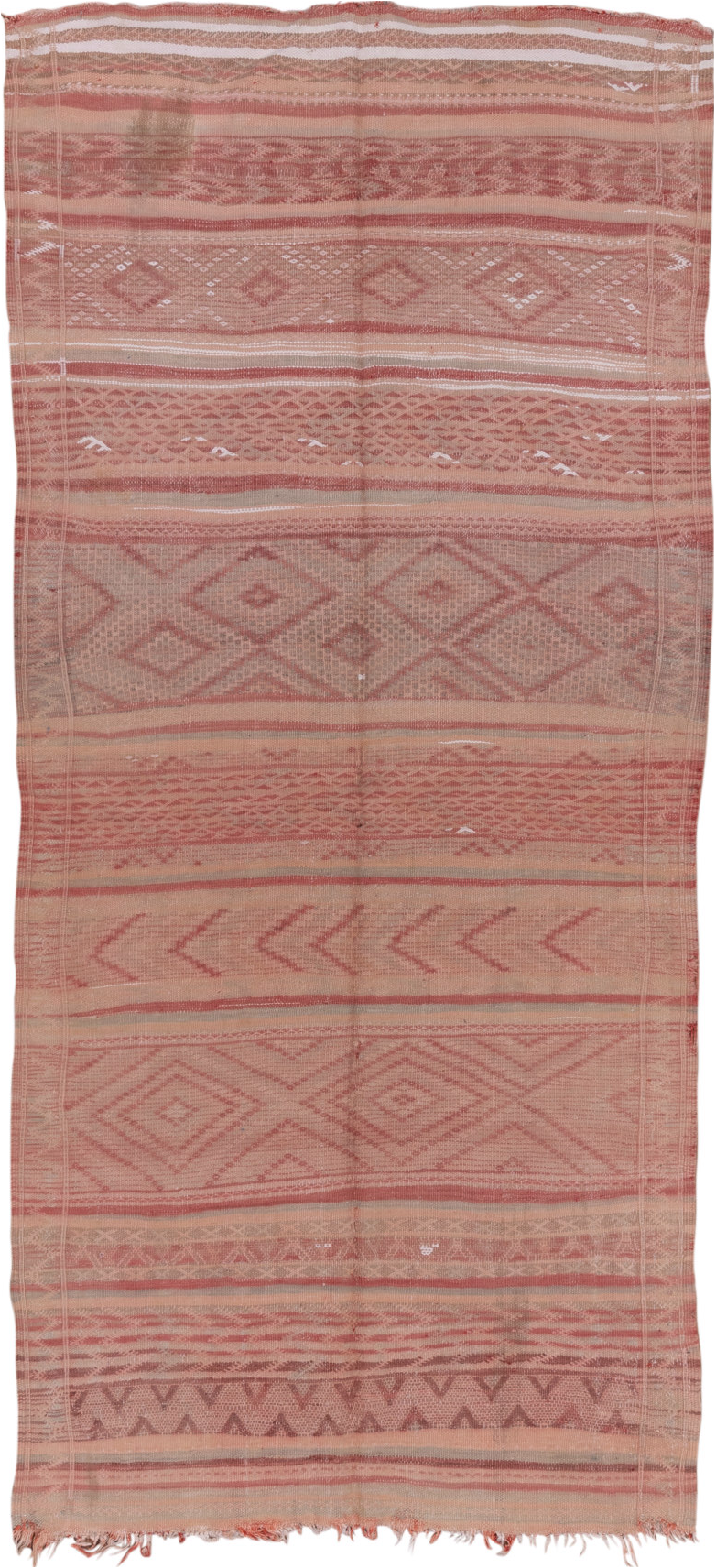 4' x 10' one-of-a-kind handmade vintage Moroccan runner rug. Color palette: brown, gray, light gray, off-white, pink, red
