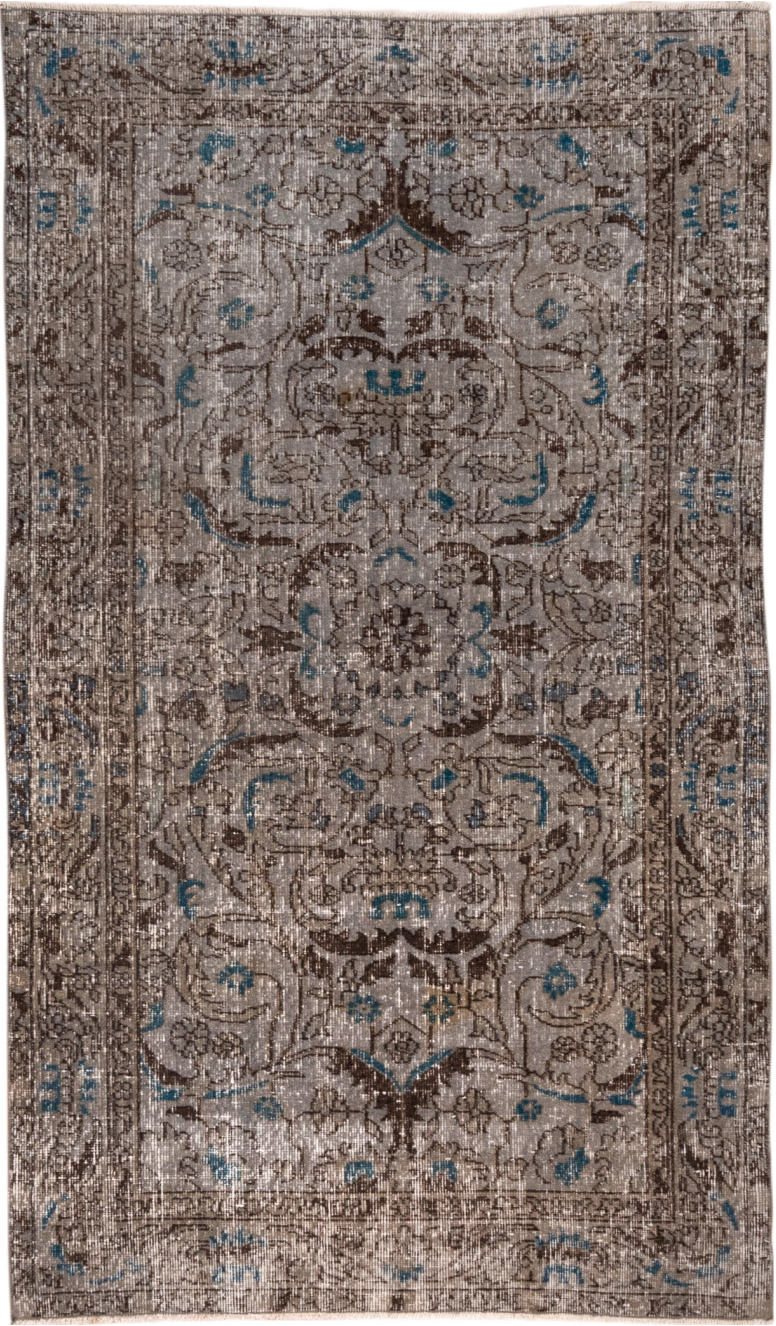 3' x 6' one-of-a-kind handmade vintage Overdyed small size rug. Color palette: blue, brown, gray, light gray, off-white