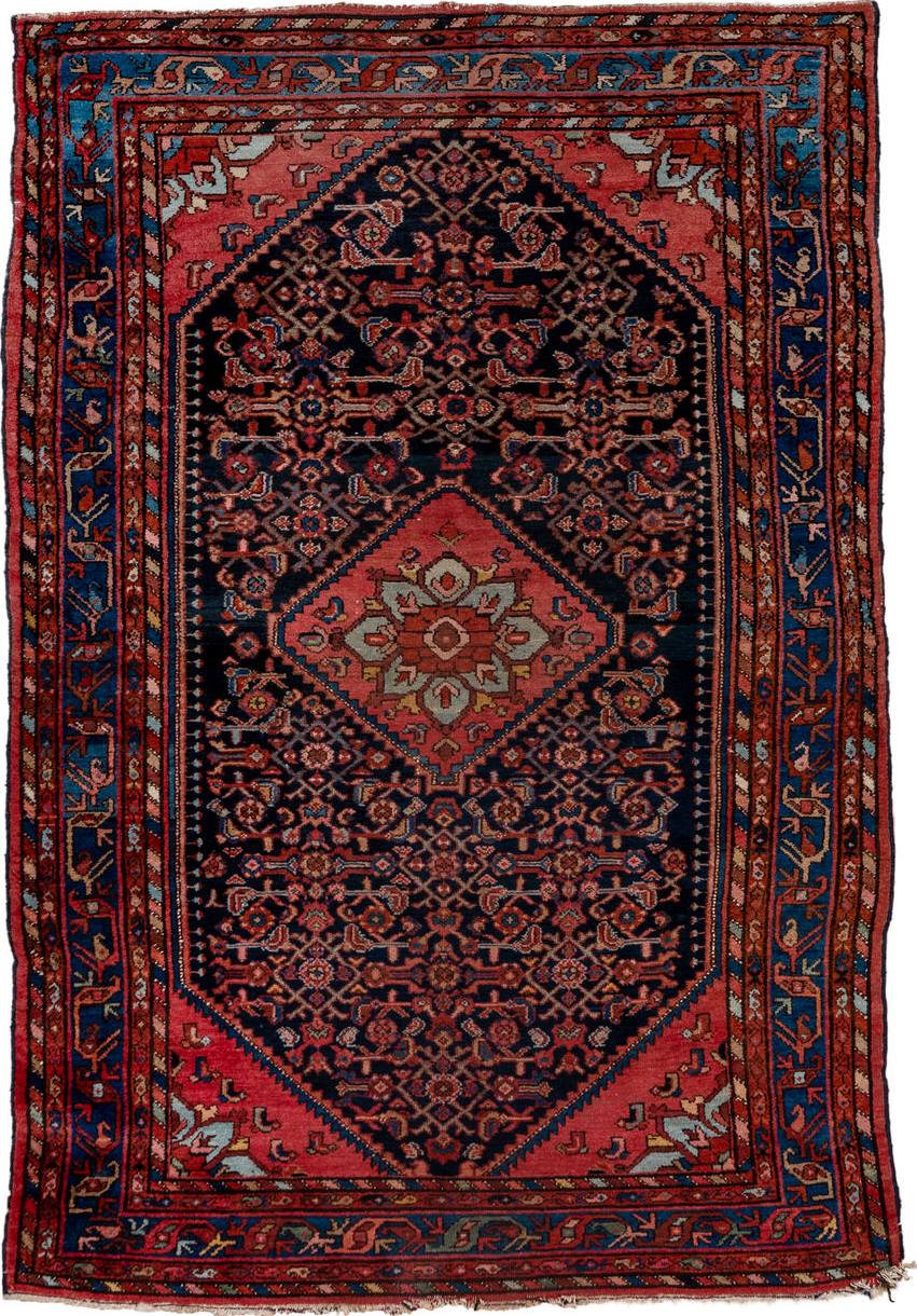 4' x 6' one-of-a-kind handmade vintage Malayer small size rug. Color palette: red, pink, brown, gray, blue, light gray