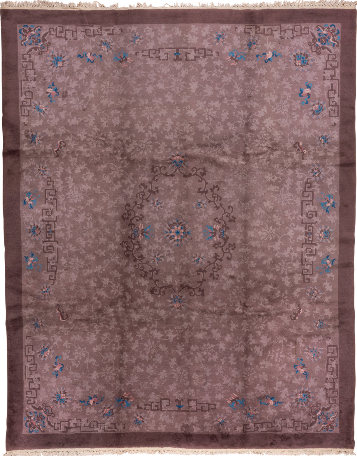 9' x 11' one-of-a-kind handmade vintage Chinese large size rug. Color palette: blue, brown, gray, pink