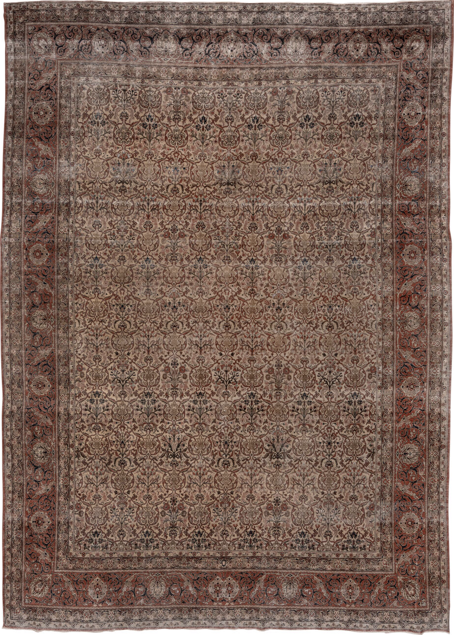10' x 14' one-of-a-kind handmade vintage Tabriz large size rug. Color palette: gray, brown, red, pink, black, redwood