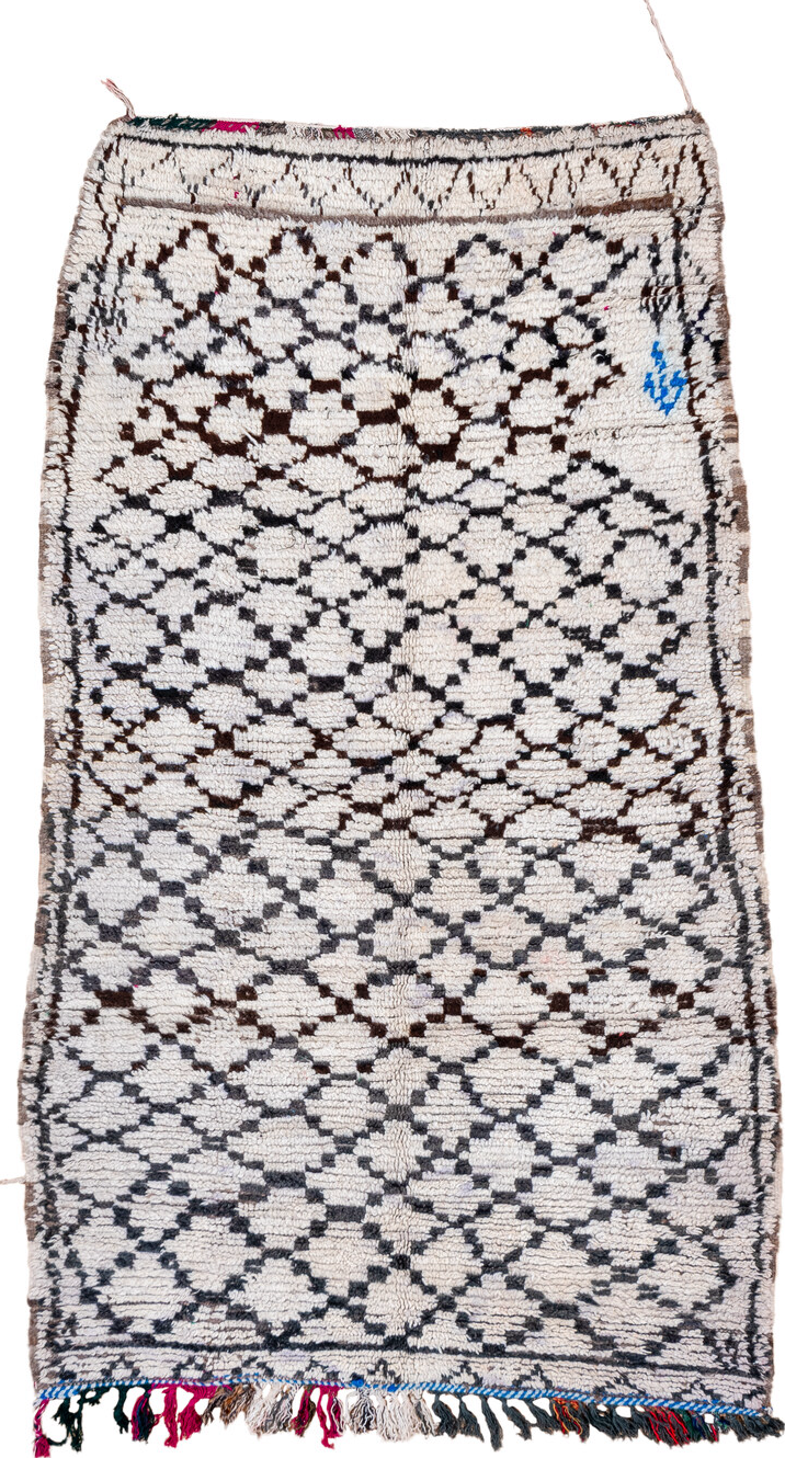6' x 3' one-of-a-kind handmade vintage Moroccan rug. Color palette: gray, pink, light gray, blue, off-white, black