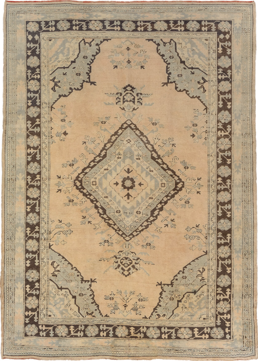 6' x 9' one-of-a-kind handmade vintage Oushak medium size rug. Color palette: brown, orange, gray, off-white, tan