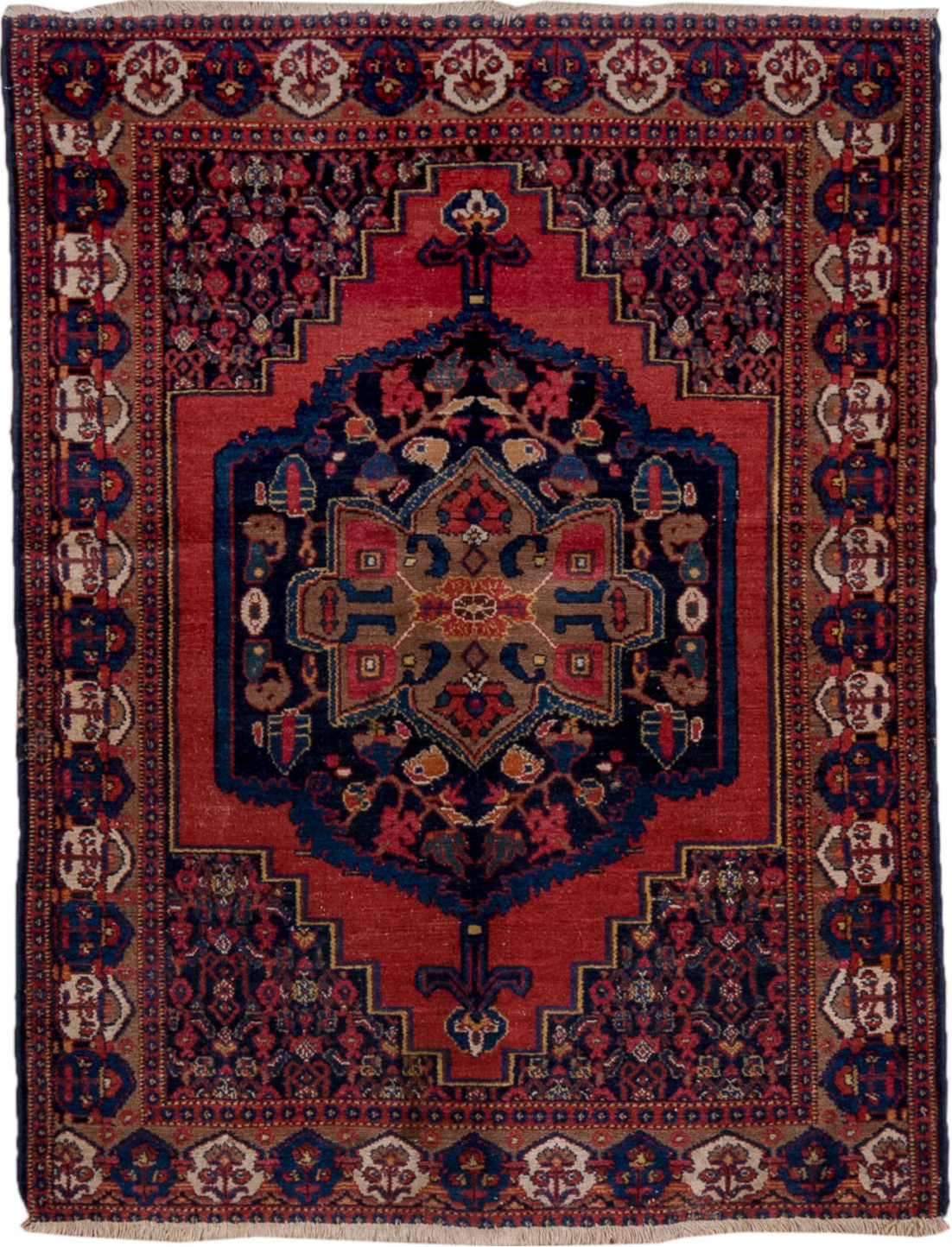 3' x 4' one-of-a-kind handmade vintage Senne small size rug. Color palette: black, blue, brown, charcoal, gray, off-white