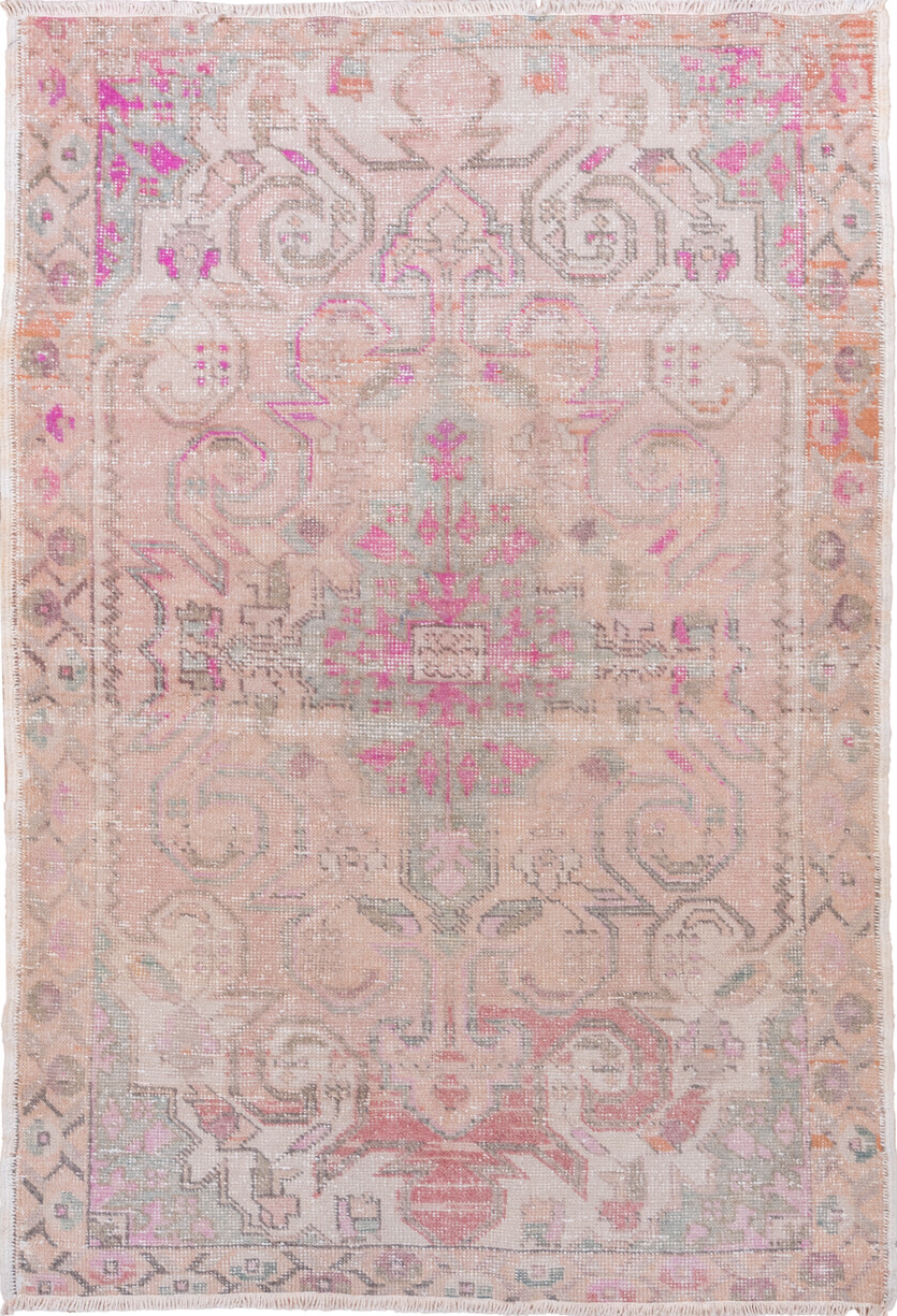 4' x 6' one-of-a-kind handmade vintage Oushak small size rug. Color palette: pink, light gray, off-white, gray, brown