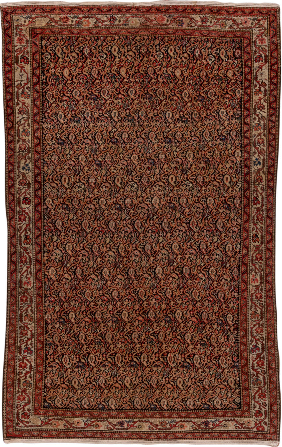 4' x 6' one-of-a-kind handmade vintage Malayer small size rug. Color palette: black, brown, gray, light gray, off-white