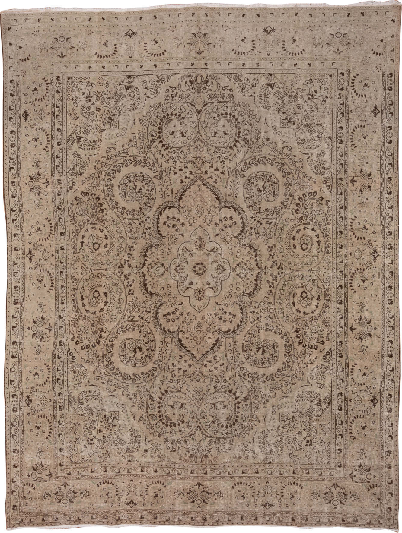 9' x 12' one-of-a-kind handmade vintage Sivas large size rug. Color palette: brown, gray, light gray, off-white, pink