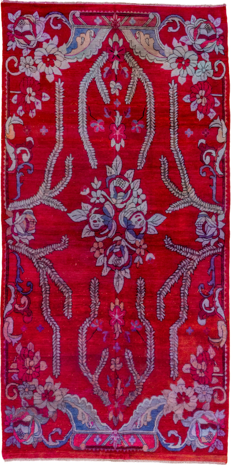 5' x 10' one-of-a-kind handmade vintage Khotan medium size rug. Color palette: blue, brown, gray, pink, red