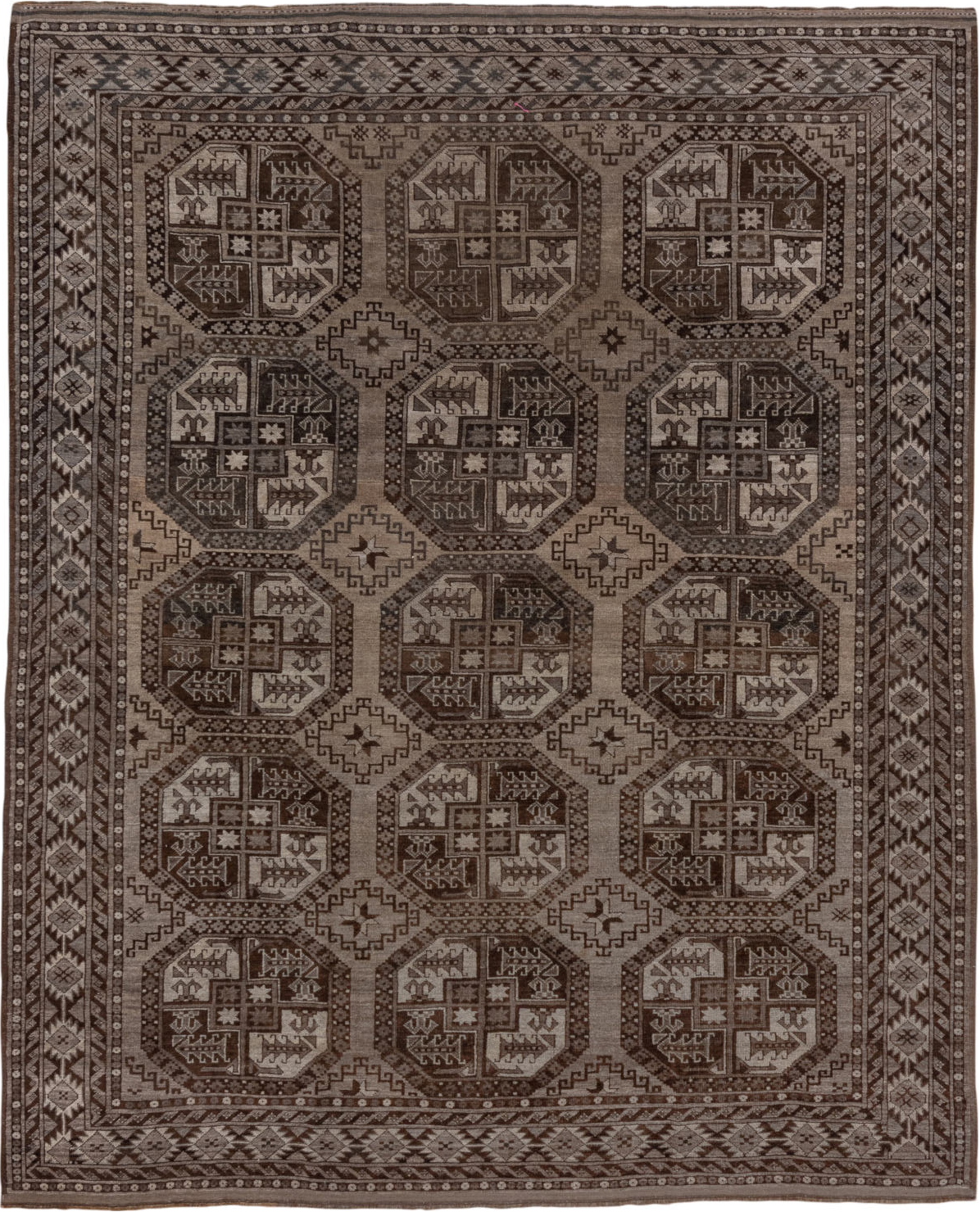 7' x 9' one-of-a-kind handmade vintage Afghan rug. Color palette: brown, gray, off-white, pink, snow, white, whitesmoke