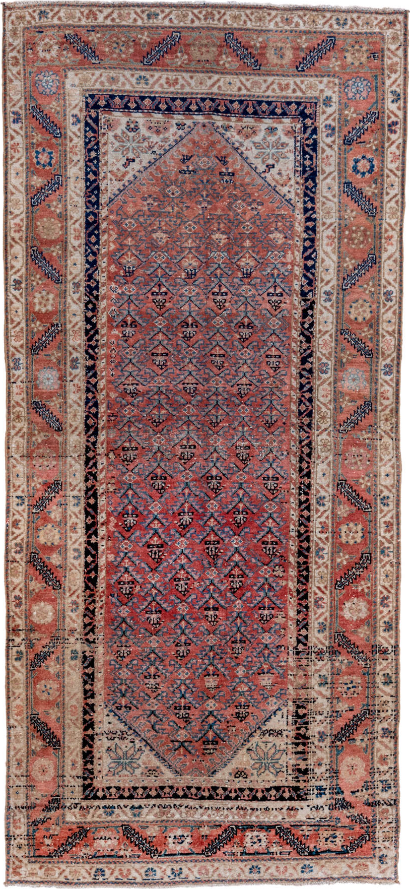 3' x 8' one-of-a-kind handmade vintage Malayer runner rug. Color palette: black, blue, brown, fiord, gray, light gray