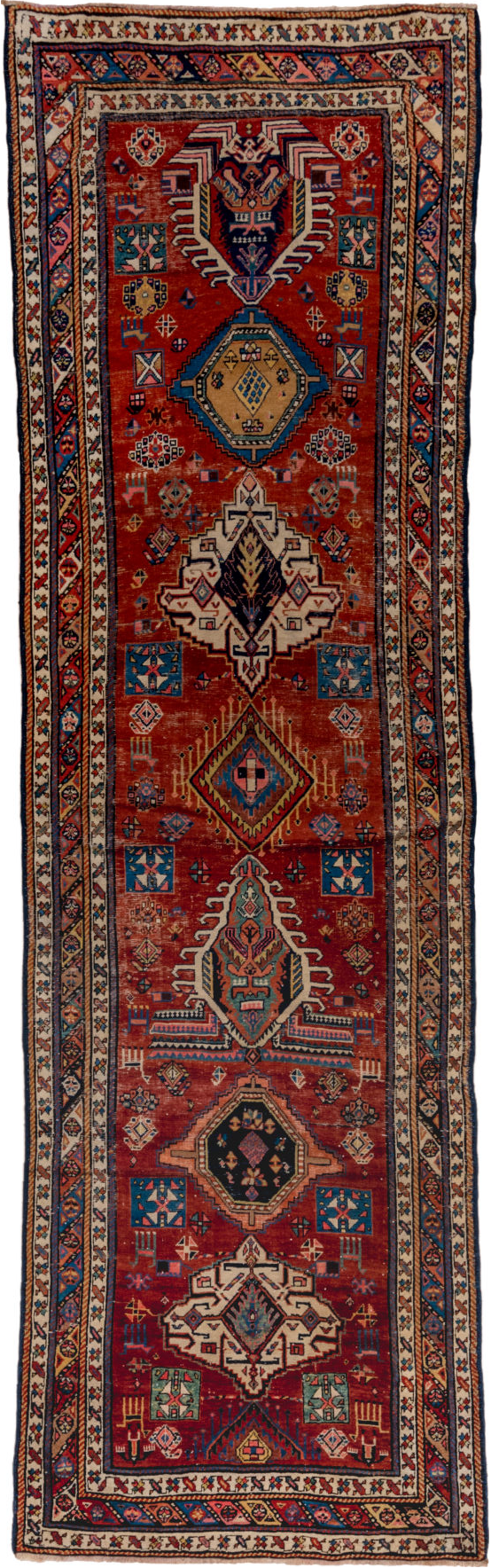 3' x 13' one-of-a-kind handmade vintage NW Persian runner rug. Color palette: gray, blue, black, brown, red