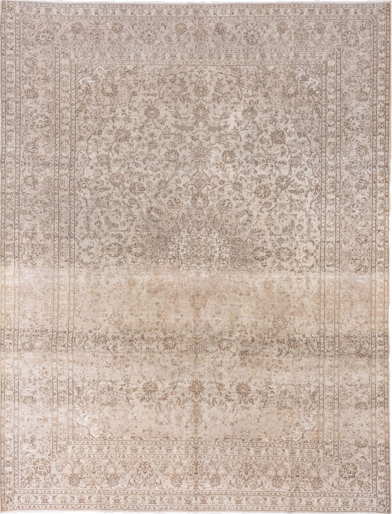 9' x 12' one-of-a-kind handmade vintage Tabriz large size rug. Color palette: brown, gray, light gray, off-white, pink