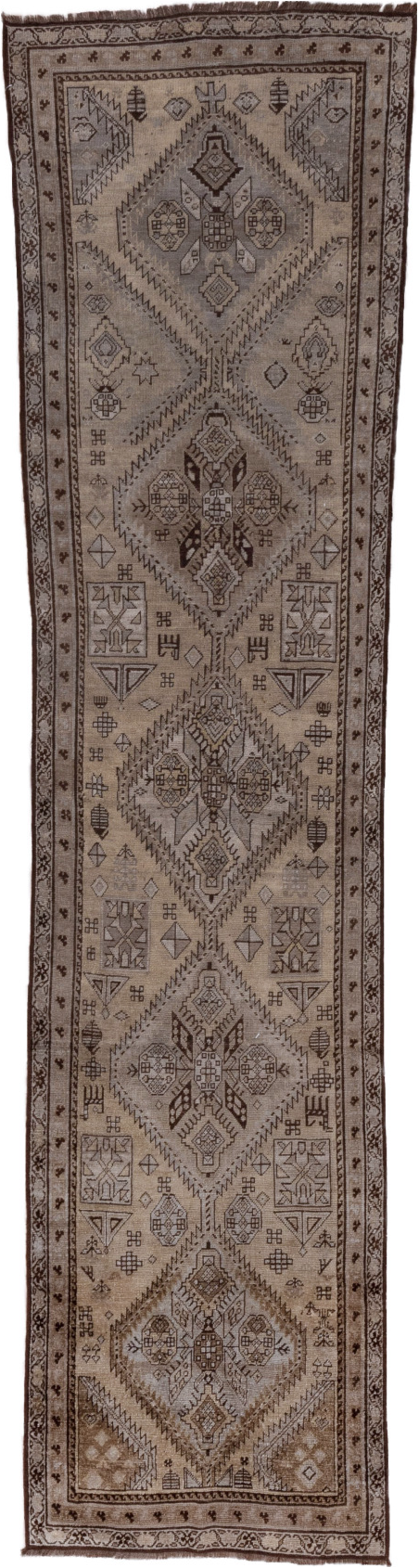 3' x 12' one-of-a-kind handmade vintage Karabagh runner rug. Color palette: brown, gray, off-white, snow, white, whitesmoke