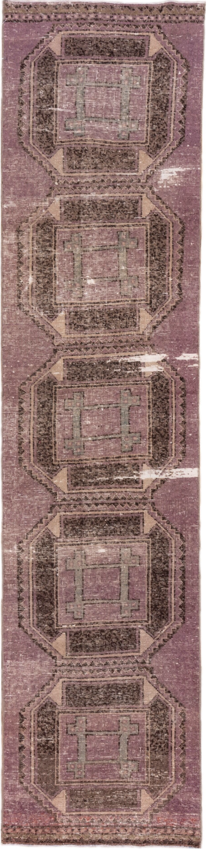 2' x 11' one-of-a-kind handmade vintage Oushak runner rug. Color palette: brown, gray, light gray, off-white, pink, snow