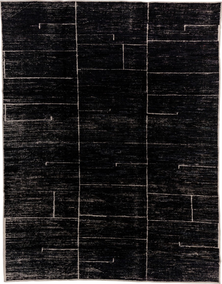 9' x 12' one-of-a-kind handmade vintage Tulu large size rug. Color palette: black, blue, charcoal, gray, light gray