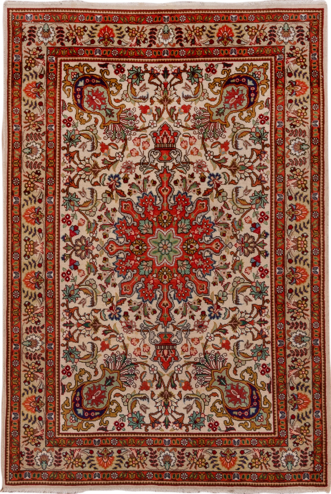 3' x 5' one-of-a-kind handmade vintage Tabriz small size rug. Color palette: pink, brown, red, gray, redwood